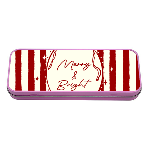 Retro Merry & Bright Christmas Stripes Illustration - tin pencil case by EZbie