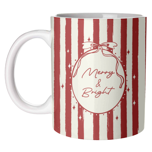 Retro Merry & Bright Christmas Stripes Illustration - unique mug by EZbie