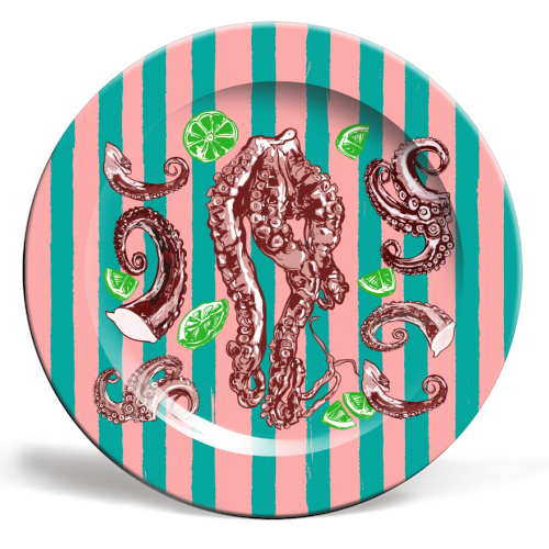 Retro Octopus Tentacles Illustration - ceramic dinner plate by EZbie