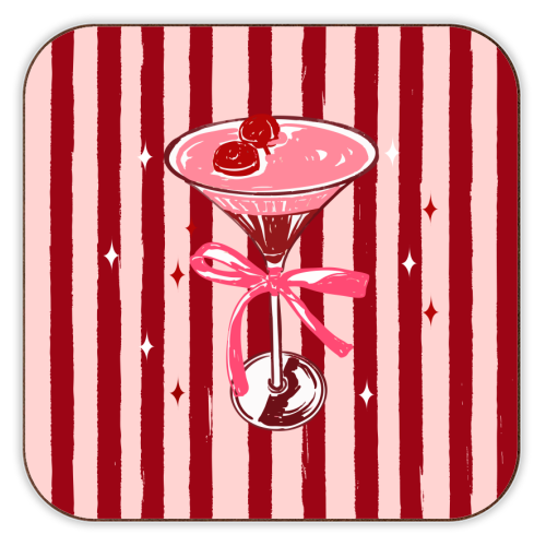 Retro Valentine Striped Cocktail Coquette Illustration - personalised beer coaster by EZbie