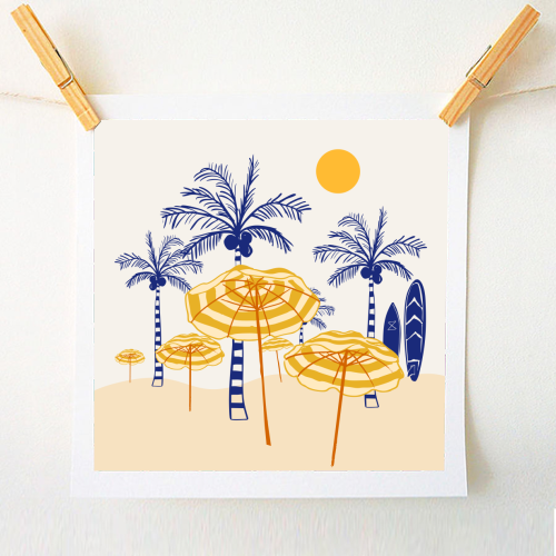 Retro Yellow Beach Vibes – Palms, Umbrellas & Surfboards - A1 - A4 art print by EZbie