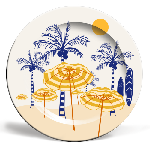 Retro Yellow Beach Vibes – Palms, Umbrellas & Surfboards - ceramic dinner plate by EZbie