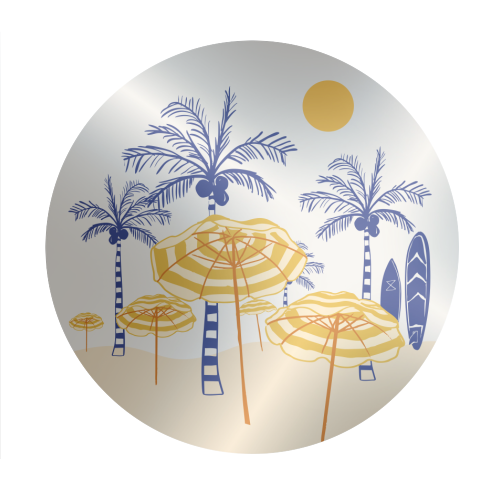 Retro Yellow Beach Vibes – Palms, Umbrellas & Surfboards - Circle Sticker by EZbie