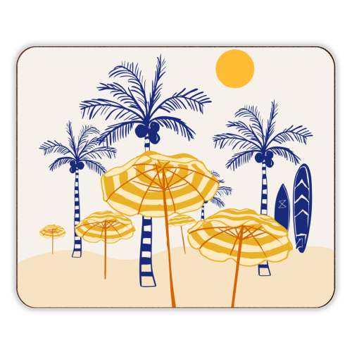 Retro Yellow Beach Vibes – Palms, Umbrellas & Surfboards - designer placemat by EZbie