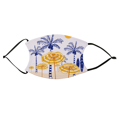 Retro Yellow Beach Vibes – Palms, Umbrellas & Surfboards - face cover mask by EZbie