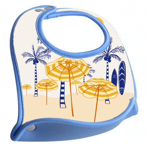 Retro Yellow Beach Vibes – Palms, Umbrellas & Surfboards - feeding bib by EZbie