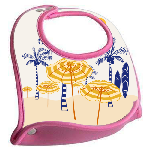 Retro Yellow Beach Vibes – Palms, Umbrellas & Surfboards - feeding bib by EZbie
