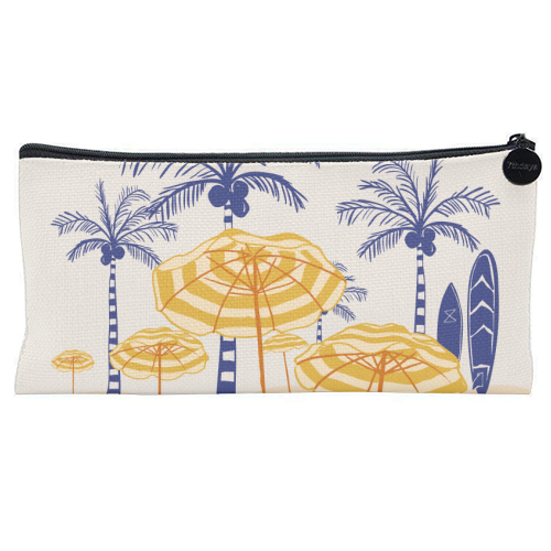 Retro Yellow Beach Vibes – Palms, Umbrellas & Surfboards - flat pencil case by EZbie