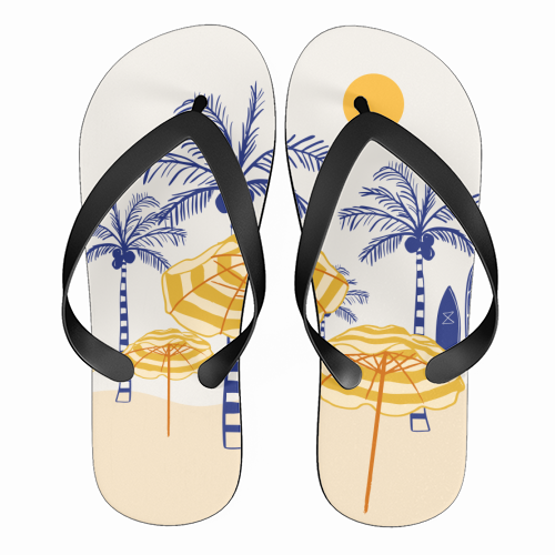 Retro Yellow Beach Vibes – Palms, Umbrellas & Surfboards - funny flip flops by EZbie