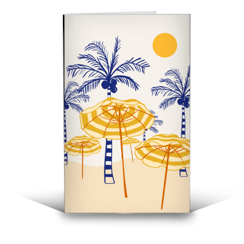 Retro Yellow Beach Vibes – Palms, Umbrellas & Surfboards - funny greeting card by EZbie