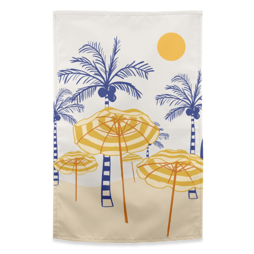 Retro Yellow Beach Vibes – Palms, Umbrellas & Surfboards - funny tea towel by EZbie