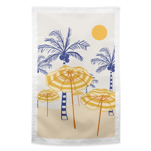 Retro Yellow Beach Vibes – Palms, Umbrellas & Surfboards - funny tea towel by EZbie