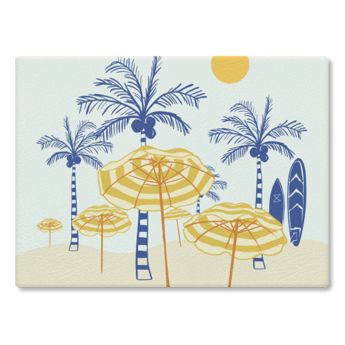 Retro Yellow Beach Vibes – Palms, Umbrellas & Surfboards - glass chopping board by EZbie