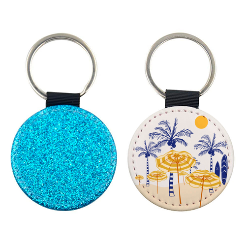 Retro Yellow Beach Vibes – Palms, Umbrellas & Surfboards - keyring by EZbie