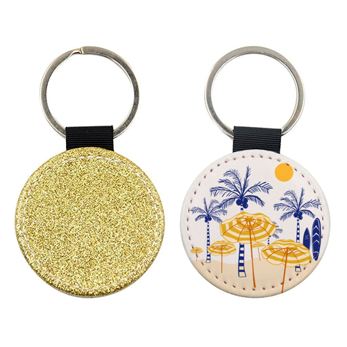 Retro Yellow Beach Vibes – Palms, Umbrellas & Surfboards - keyring by EZbie