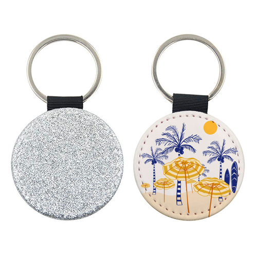 Retro Yellow Beach Vibes – Palms, Umbrellas & Surfboards - keyring by EZbie