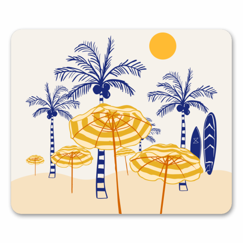 Retro Yellow Beach Vibes – Palms, Umbrellas & Surfboards - mouse mat by EZbie