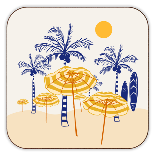 Retro Yellow Beach Vibes – Palms, Umbrellas & Surfboards - personalised beer coaster by EZbie