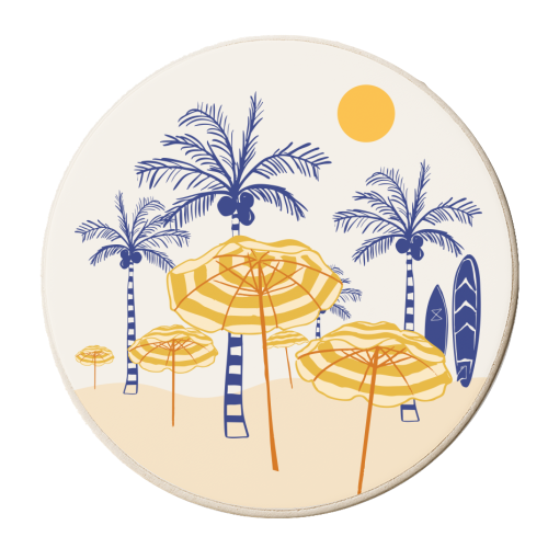 Retro Yellow Beach Vibes – Palms, Umbrellas & Surfboards - personalised beer coaster by EZbie