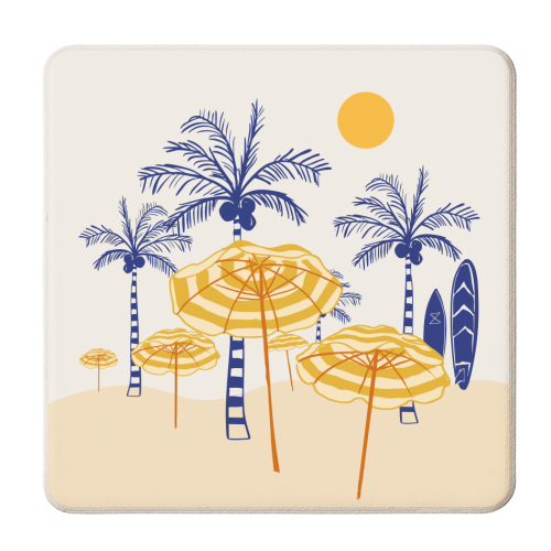 Retro Yellow Beach Vibes – Palms, Umbrellas & Surfboards - personalised beer coaster by EZbie