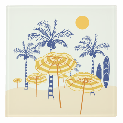 Retro Yellow Beach Vibes – Palms, Umbrellas & Surfboards - personalised beer coaster by EZbie