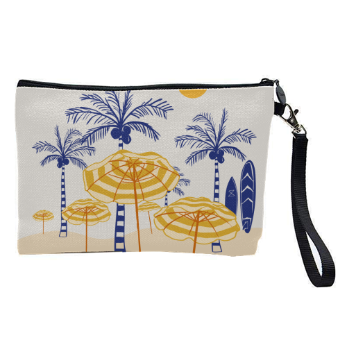 Retro Yellow Beach Vibes – Palms, Umbrellas & Surfboards - pretty makeup bag by EZbie