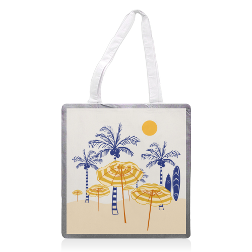 Retro Yellow Beach Vibes – Palms, Umbrellas & Surfboards - printed canvas tote bag by EZbie