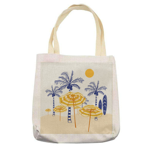 Retro Yellow Beach Vibes – Palms, Umbrellas & Surfboards - printed canvas tote bag by EZbie