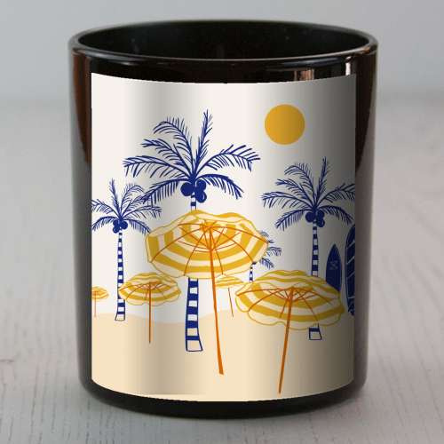 Retro Yellow Beach Vibes – Palms, Umbrellas & Surfboards - scented candle by EZbie