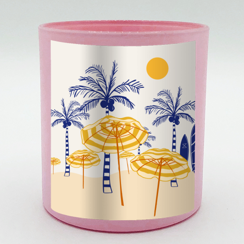 Retro Yellow Beach Vibes – Palms, Umbrellas & Surfboards - scented candle by EZbie