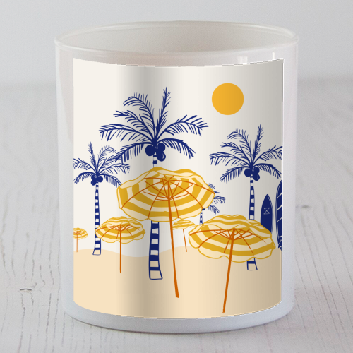 Retro Yellow Beach Vibes – Palms, Umbrellas & Surfboards - scented candle by EZbie