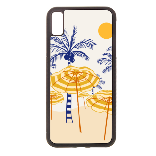 Retro Yellow Beach Vibes – Palms, Umbrellas & Surfboards - stylish phone case by EZbie