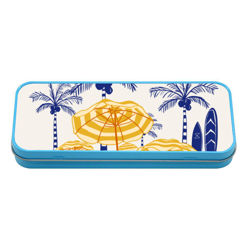 Retro Yellow Beach Vibes – Palms, Umbrellas & Surfboards - tin pencil case by EZbie