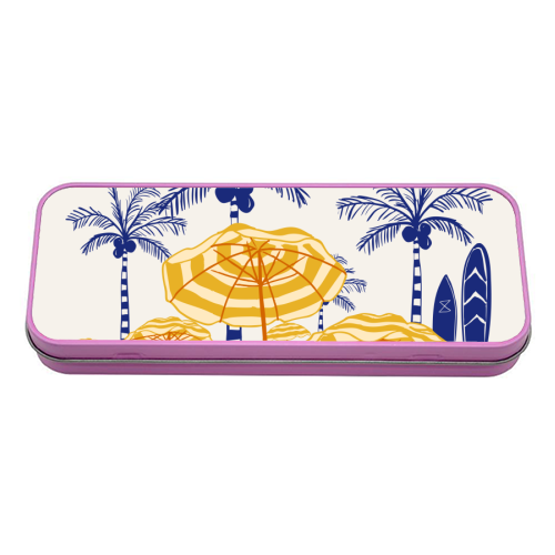 Retro Yellow Beach Vibes – Palms, Umbrellas & Surfboards - tin pencil case by EZbie
