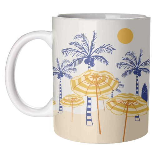 Retro Yellow Beach Vibes – Palms, Umbrellas & Surfboards - unique mug by EZbie