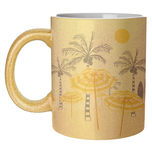 Retro Yellow Beach Vibes – Palms, Umbrellas & Surfboards - unique mug by EZbie