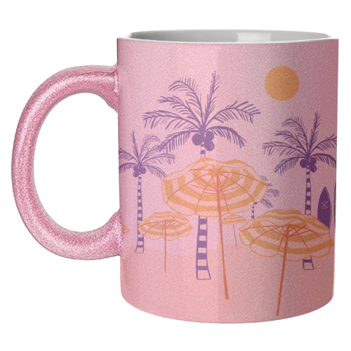 Retro Yellow Beach Vibes – Palms, Umbrellas & Surfboards - unique mug by EZbie