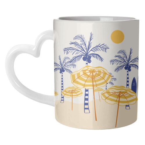 Retro Yellow Beach Vibes – Palms, Umbrellas & Surfboards - unique mug by EZbie