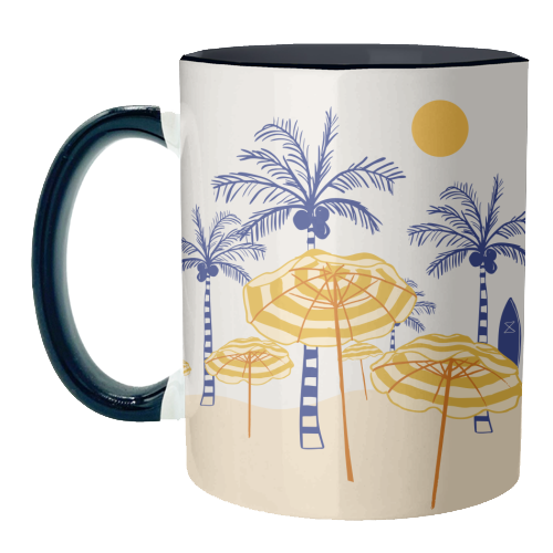 Retro Yellow Beach Vibes – Palms, Umbrellas & Surfboards - unique mug by EZbie