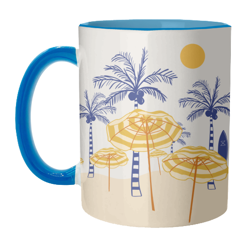 Retro Yellow Beach Vibes – Palms, Umbrellas & Surfboards - unique mug by EZbie