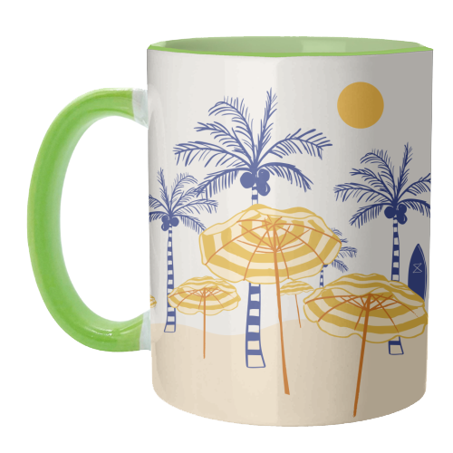 Retro Yellow Beach Vibes – Palms, Umbrellas & Surfboards - unique mug by EZbie