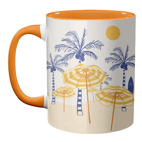 Retro Yellow Beach Vibes – Palms, Umbrellas & Surfboards - unique mug by EZbie