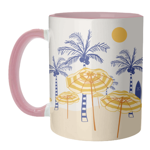 Retro Yellow Beach Vibes – Palms, Umbrellas & Surfboards - unique mug by EZbie