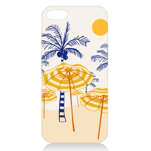 Retro Yellow Beach Vibes – Palms, Umbrellas & Surfboards - unique phone case by EZbie