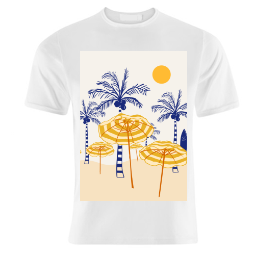 Retro Yellow Beach Vibes – Palms, Umbrellas & Surfboards - unique t shirt by EZbie