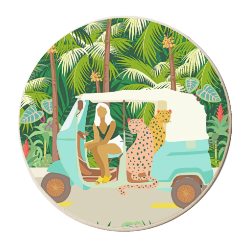 Rikshaw ride with Javan leopards in Bali | Tropical Nature Jungle Bohemian Wildlife Travel - personalised beer coaster by Uma Prabhakar Gokhale