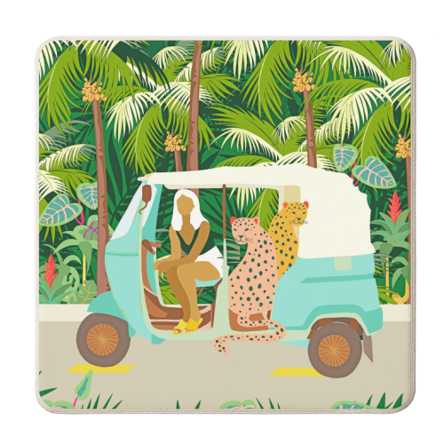 Rikshaw ride with Javan leopards in Bali | Tropical Nature Jungle Bohemian Wildlife Travel - personalised beer coaster by Uma Prabhakar Gokhale