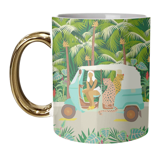 Rikshaw ride with Javan leopards in Bali | Tropical Nature Jungle Bohemian Wildlife Travel - unique mug by Uma Prabhakar Gokhale
