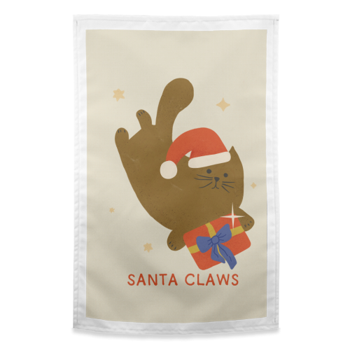 Santa Claws Cute Christmas Cat - funny tea towel by Ania Wieclaw