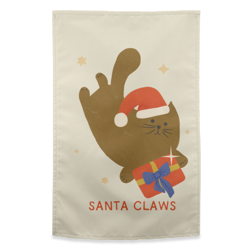 Santa Claws Cute Christmas Cat - funny tea towel by Ania Wieclaw